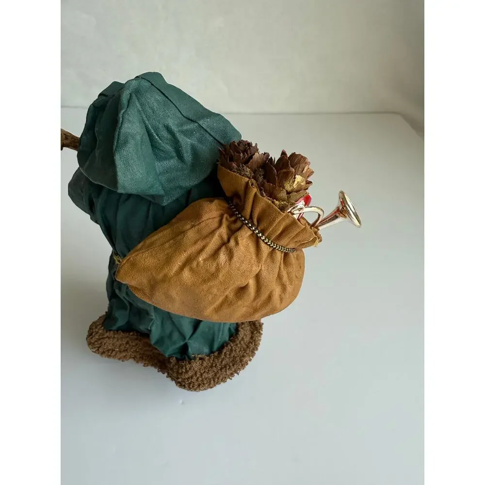 Vintage Paper Mache Santa Green Hooded Robe Toy Sack Old World Christmas 6.5